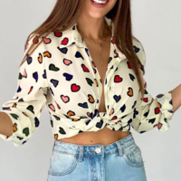 Women's Fashion Slim Beige Love Printed Shirt - Thumbnail 1