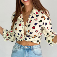 Women's Fashion Slim Beige Love Printed Shirt - Thumbnail 2