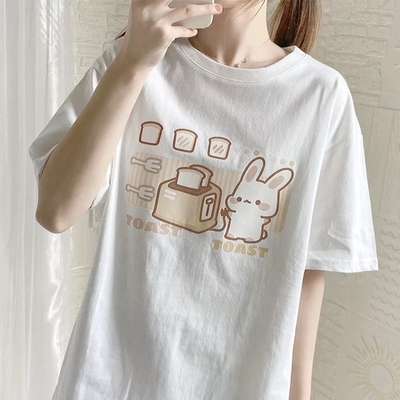 Cute bunny and toast bread graphic cartoon print loose short sleeve t-shirt aesthetic casual summer e-girl kawaii korean japanese harajuku - Thumbnail 4