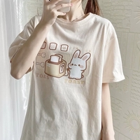 Cute Bunny And Toast Bread Graphic Cartoon Print Loose Short Sleeve T-shirt Aesthetic Casual Summer E-Girl Kawaii Korean Japanese Harajuku - Thumbnail 2