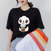 Cute Panda Bear Boba Bubble Milk Tea Graphic Cartoon Print Loose Short Sleeve T-shirt Aesthetic Casual Summer E-Girl Kawaii Korean Japanese Harajuku - Thumbnail 1