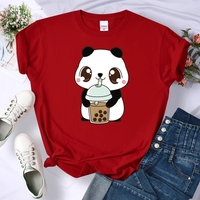 Cute Panda Bear Boba Bubble Milk Tea Graphic Cartoon Print Loose Short Sleeve T-shirt Aesthetic Casual Summer E-Girl Kawaii Korean Japanese Harajuku - Thumbnail 2