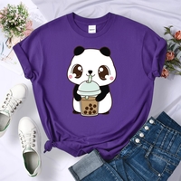 Cute Panda Bear Boba Bubble Milk Tea Graphic Cartoon Print Loose Short Sleeve T-shirt Aesthetic Casual Summer E-Girl Kawaii Korean Japanese Harajuku - Thumbnail 3