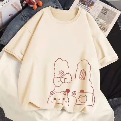 Cute Rabbit Bunny Camera Graphic Cartoon Print Loose Short Sleeve T-shirt Aesthetic Casual Summer E-Girl Kawaii Korean Japanese Harajuku