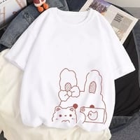 Cute Rabbit Bunny Camera Graphic Cartoon Print Loose Short Sleeve T-shirt Aesthetic Casual Summer E-Girl Kawaii Korean Japanese Harajuku - Thumbnail 1