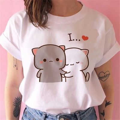 Cute white cat kitten cartoon print loose short sleeve shirt aesthetic casual e-girl kawaii korean japanese harajuku - Thumbnail 4