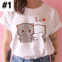 Cute White Cat Kitten Cartoon Print Loose Short Sleeve Shirt Aesthetic Casual E-Girl Kawaii Korean Japanese Harajuku - Thumbnail 1