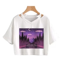 Cute Vintage Mountain Road Moon Night Sky Print Crop Top Short Sleeve Shirt Aesthetic Casual E-Girl Kawaii Korean Japanese Harajuku - Thumbnail 1