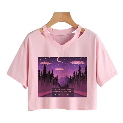 Cute vintage mountain road moon night sky print crop top short sleeve shirt aesthetic casual e-girl kawaii korean japanese harajuku - Thumbnail 4