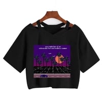 Cute Vintage Mountain Road Moon Night Sky Print Crop Top Short Sleeve Shirt Aesthetic Casual E-Girl Kawaii Korean Japanese Harajuku - Thumbnail 5