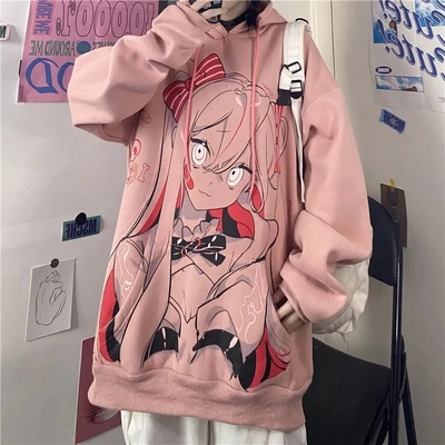 Cute Pink Anime Girl Cartoon Graphic Print Oversized Fleece Hoodie Sweatshirt Aesthetic Casual E-Girl Kawaii Korean Japanese Harajuku