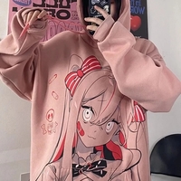 Cute Pink Anime Girl Cartoon Graphic Print Oversized Fleece Hoodie Sweatshirt Aesthetic Casual E-Girl Kawaii Korean Japanese Harajuku - Thumbnail 3