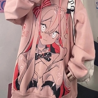 Cute Pink Anime Girl Cartoon Graphic Print Oversized Fleece Hoodie Sweatshirt Aesthetic Casual E-Girl Kawaii Korean Japanese Harajuku - Thumbnail 2