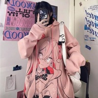 Cute Pink Anime Girl Cartoon Graphic Print Oversized Fleece Hoodie Sweatshirt Aesthetic Casual E-Girl Kawaii Korean Japanese Harajuku - Thumbnail 7