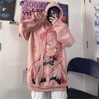 Cute Pink Anime Girl Cartoon Graphic Print Oversized Fleece Hoodie Sweatshirt Aesthetic Casual E-Girl Kawaii Korean Japanese Harajuku - Thumbnail 6