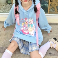 Cute Pastel Anime Girl Teddy Bear Cartoon Graphic Print Oversized Fleece Hoodie Sweatshirt Aesthetic Casual E-Girl Kawaii Korean Japanese Harajuku - Thumbnail 3