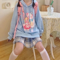 Cute Pastel Anime Girl Teddy Bear Cartoon Graphic Print Oversized Fleece Hoodie Sweatshirt Aesthetic Casual E-Girl Kawaii Korean Japanese Harajuku - Thumbnail 4