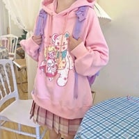 Cute Pastel Anime Girl Teddy Bear Cartoon Graphic Print Oversized Fleece Hoodie Sweatshirt Aesthetic Casual E-Girl Kawaii Korean Japanese Harajuku - Thumbnail 6