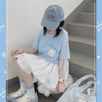 Cute Blue Japanese Anime Cartoon Graphic Print Loose Short Sleeve T-shirt  - Thumbnail 4