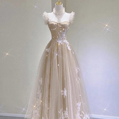 Champagne tulle lace tea length prom dress evening dress - Thumbnail 2