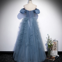 Blue satin tulle long prom dress blue evening dress - Thumbnail 2