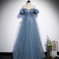 Blue satin tulle long prom dress blue evening dress - Thumbnail 4