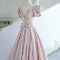 Pink Satin Long Prom Dress Pink Evening Dress - Thumbnail 2