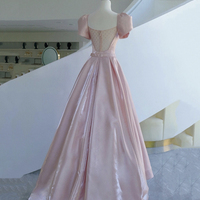 Pink Satin Long Prom Dress Pink Evening Dress - Thumbnail 3