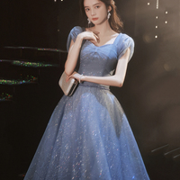 Blue tulle sequins long prom dress evening gown - Thumbnail 1