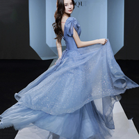 Blue tulle sequins long prom dress evening gown - Thumbnail 4