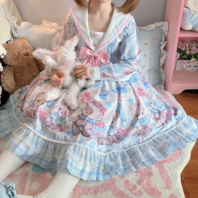 Sweet Sugar Candy Teddy Bear Sailor Collar Bow Long Sleeve Dress