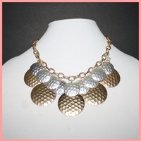 Silver & Gold Hammered Disc Layered Necklace with Earrings - Thumbnail 1