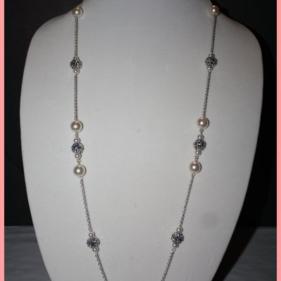 Pearl & silver ball drop necklace with earrings