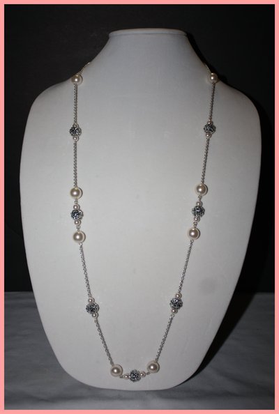 Pearl & silver ball drop necklace with earrings
