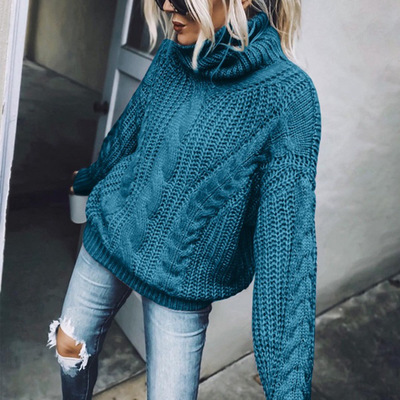 Solid color high neck long sleeve knitted sweater