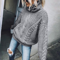 Solid Color High Neck Long Sleeve Knitted Sweater - Thumbnail 1
