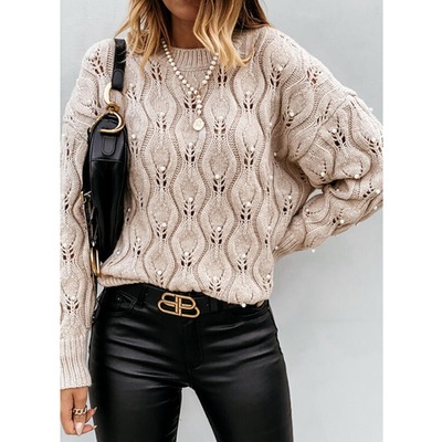 Loose Women'S Solid Color Round Neck Bubble Bead Loose Knit Sweater