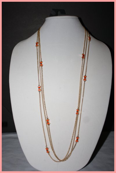 Gold & orange bows drop necklace with earrings