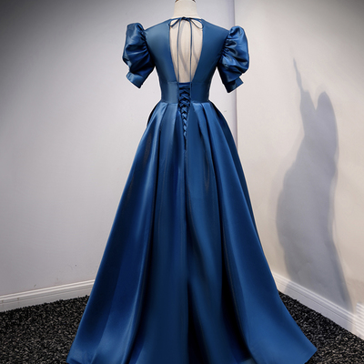 Blue satin long prom dress a line evening gown - Thumbnail 3