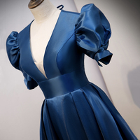 Blue satin long prom dress A line evening gown - Thumbnail 1