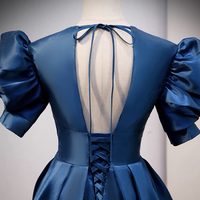 Blue satin long prom dress A line evening gown - Thumbnail 3