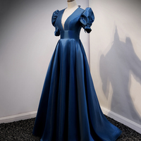 Blue satin long prom dress A line evening gown - Thumbnail 2