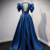 Blue satin long prom dress A line evening gown - Thumbnail 4