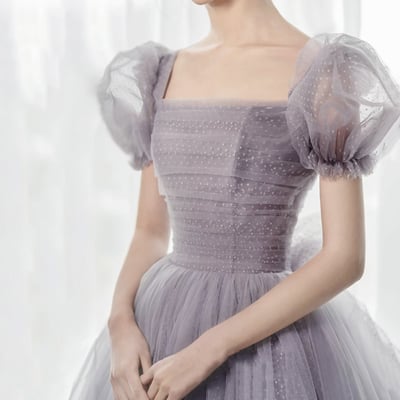 Purple tulle long prom dress a line evening gown