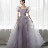 Purple tulle long prom dress A line evening gown - Thumbnail 1