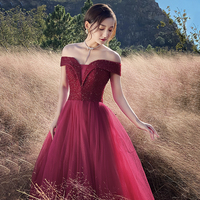 Red tulle beads long prom dress A line evening dress - Thumbnail 2