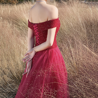 Red tulle beads long prom dress A line evening dress - Thumbnail 3
