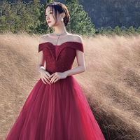 Red tulle beads long prom dress A line evening dress - Thumbnail 5