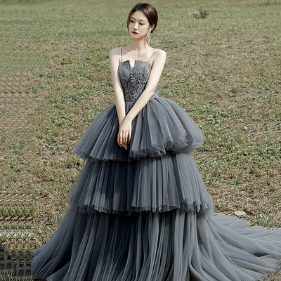 Gray tulle lace long ball gown dress formal dress - Thumbnail 3