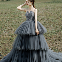 Gray tulle lace long ball gown dress formal dress - Thumbnail 1